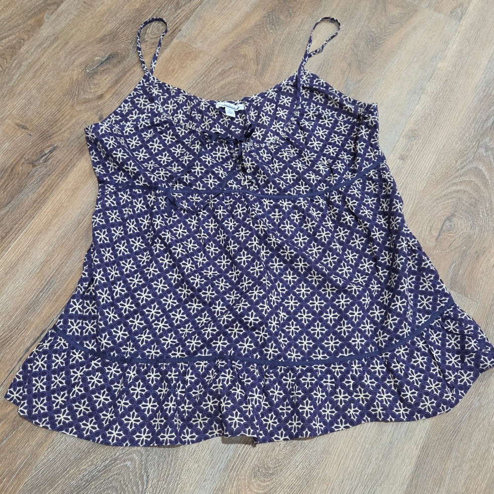 American Eagle Purple Floral Sequin Cami Top Cotton Tiered Ruffle Tank Size 12